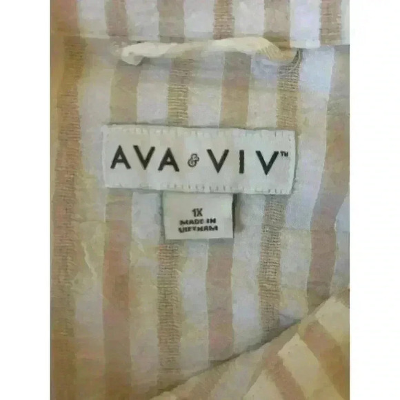 Ava & Viv Womens Plus 1X Gauzy Tan‎ White Stripe Button Down Long Sleeve Shirt - Picture 6 of 11